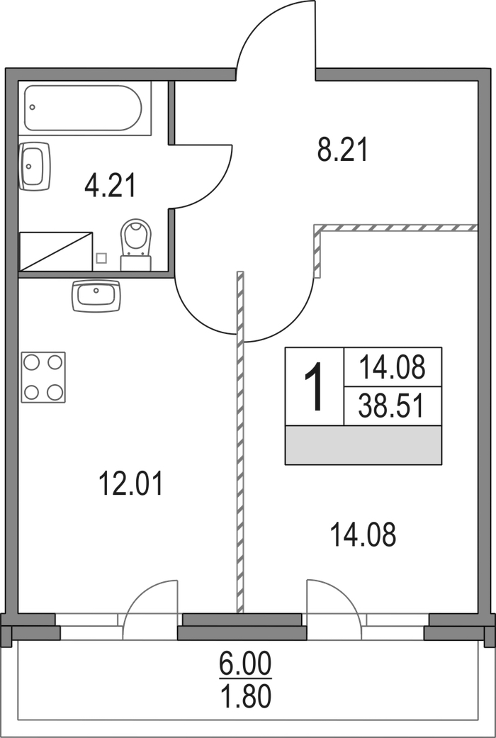 1-комнатная квартира 38.51 м², 13/16 эт., ЖК «Приморский квартал»